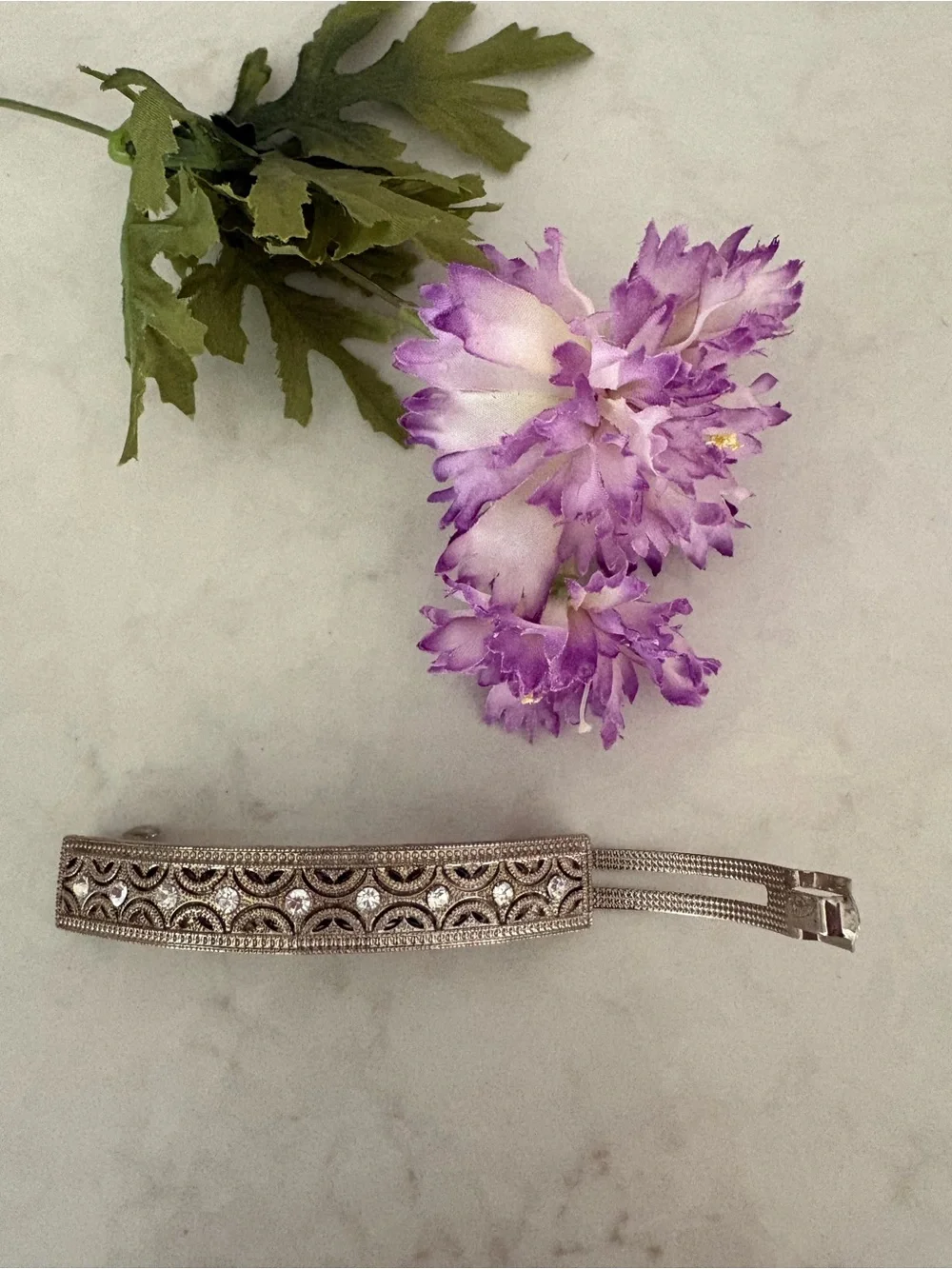 Vintage Style Silver Filigree Rhinestone French Barrette Hair Clip